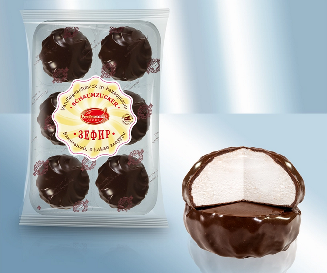 Marshmallows with a coating containing cocoa, 390g/Зефир ванильный в шоколадной глазури, 390g