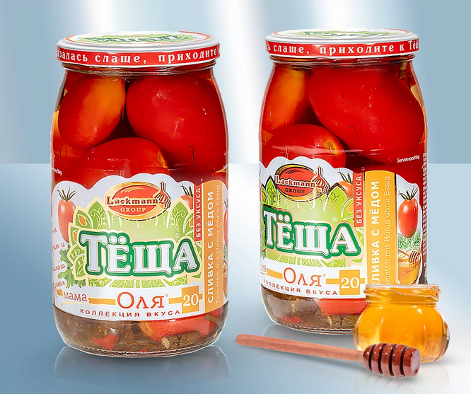 Pickled tomatoes "Olja 20", with honey, 880g/Помидоры сливка "Оля 20", с мёдом, 880г