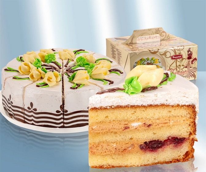 Layer cake with cherries and with confectionary glaze, 1100g/Торт "Каприз", 1100г