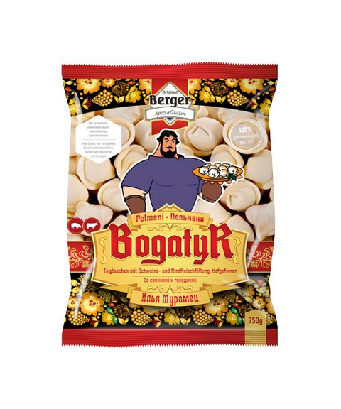 BERGER Pelmeni Bogatyr Muromez Schwein/Rindfl.750g TG - Пельмени Богатырь Илья Муромец говядина/ свинина 750г BERGER замор.