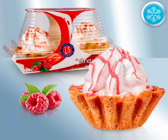 Small cakes with raspberry preparation and sweetened meringue topping, 140g/Пирожное корзиночки с малиной и белковым кремом, 140g
