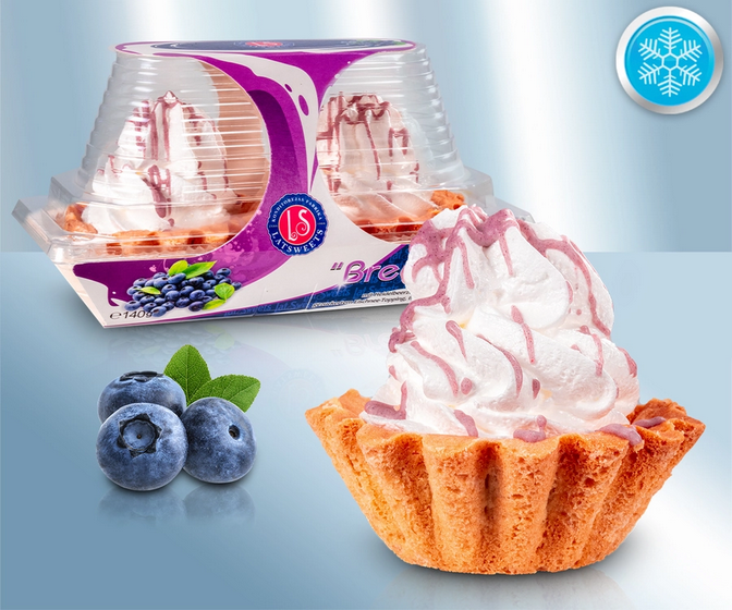 Small cakes with blueberry mixture and sweetened meringue topping, 140g/Пирожное корзиночки с голубикой и белковым кремом, 140g