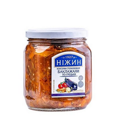 Nezhin Aubergine Griechischer Art 450g Glas - Нежин Баклажаны по-гречески 450g стекло